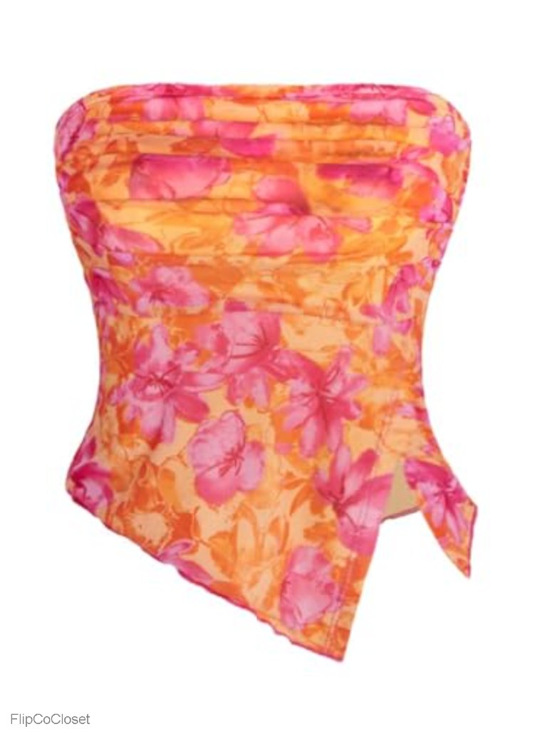 Women Floral Mesh Strapless Tube Top Ruched Crop Bandeau Y2k Summer